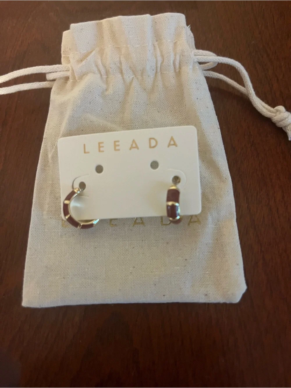 Gold Hoop Earrings with Burgundy Enamel Accents